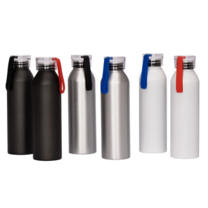 Botella deportiva de aluminio MARATHON 600cc con tapa rosca, banda de silicona y sistema anti-derrame.