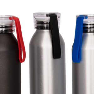 Botella deportiva de aluminio MARATHON 600cc con tapa rosca, banda de silicona y sistema anti-derrame.