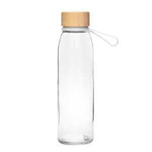 Botella de vidrio ESCARF TMB434 con tapa de bambú y correa de silicona