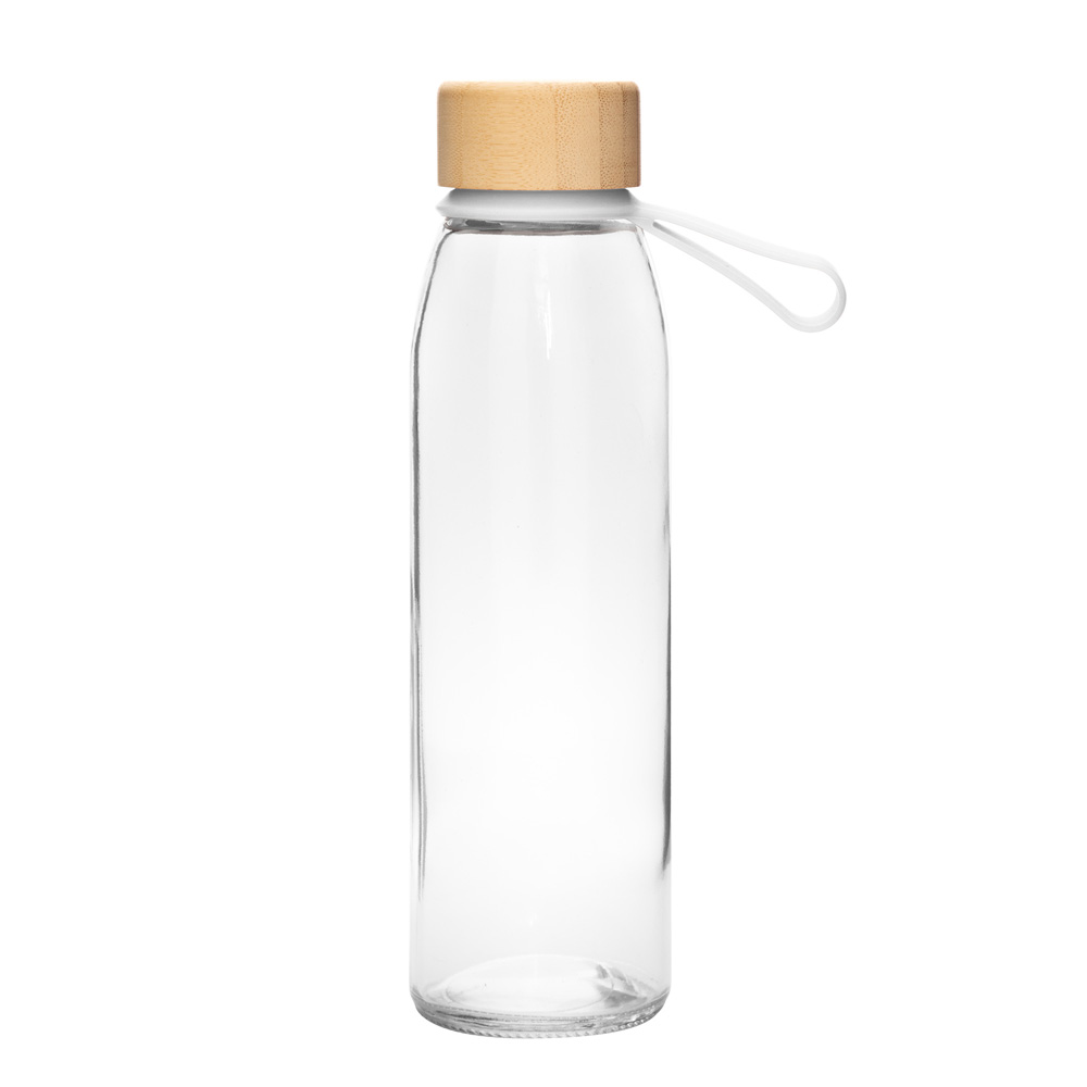 Botella de vidrio ESCARF TMB434 con tapa de bambú y correa de silicona