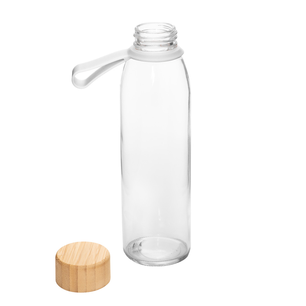 Botella de vidrio ESCARF TMB434 con tapa de bambú y correa de silicona