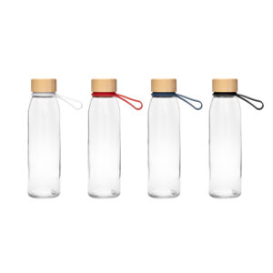 Botella de vidrio ESCARF TMB434 con tapa de bambú y correa de silicona