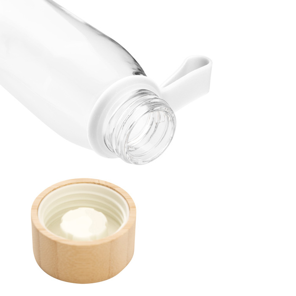 Botella de vidrio ESCARF TMB434 con tapa de bambú y correa de silicona