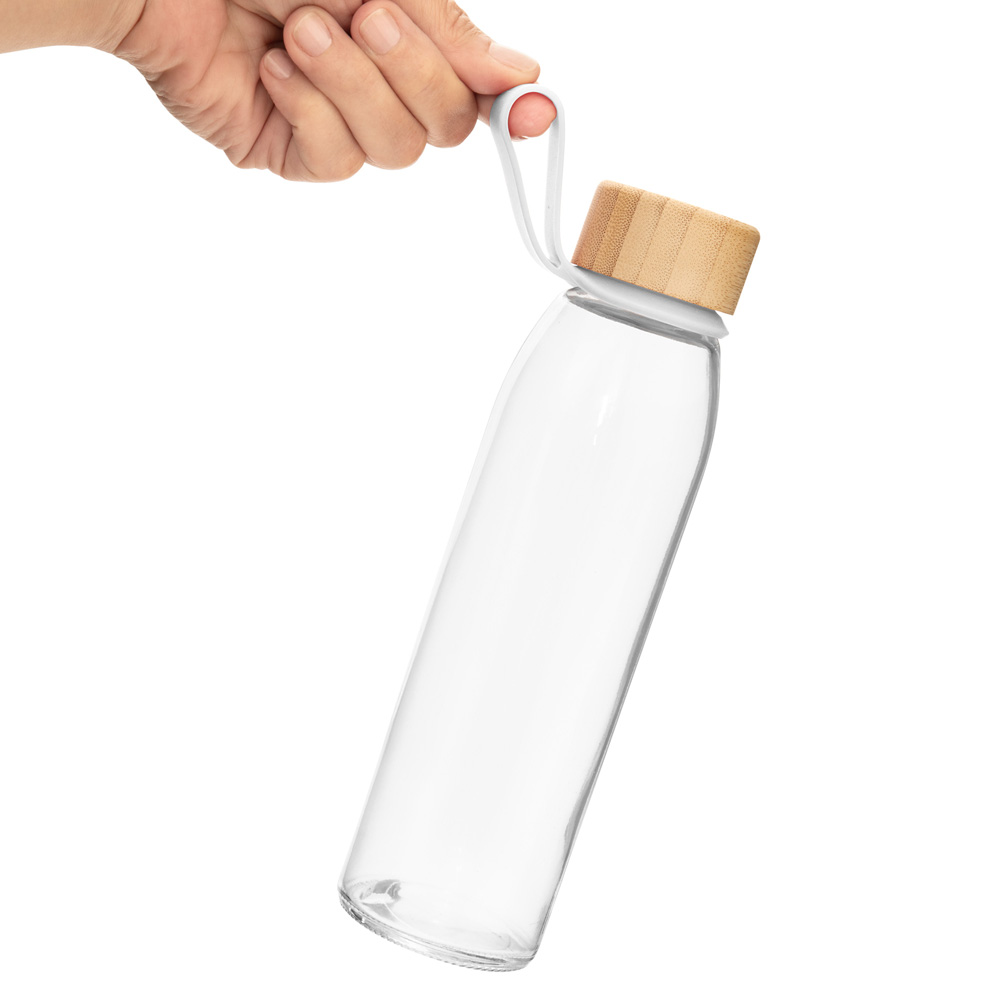 Botella de vidrio ESCARF TMB434 con tapa de bambú y correa de silicona