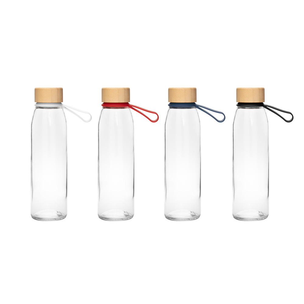 Botella de vidrio ESCARF TMB434 con tapa de bambú y correa de silicona