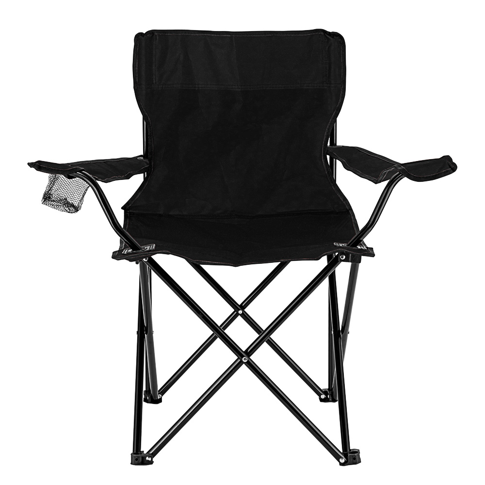 Silla plegable camping tipo director con apoyabrazos y portabotellas.