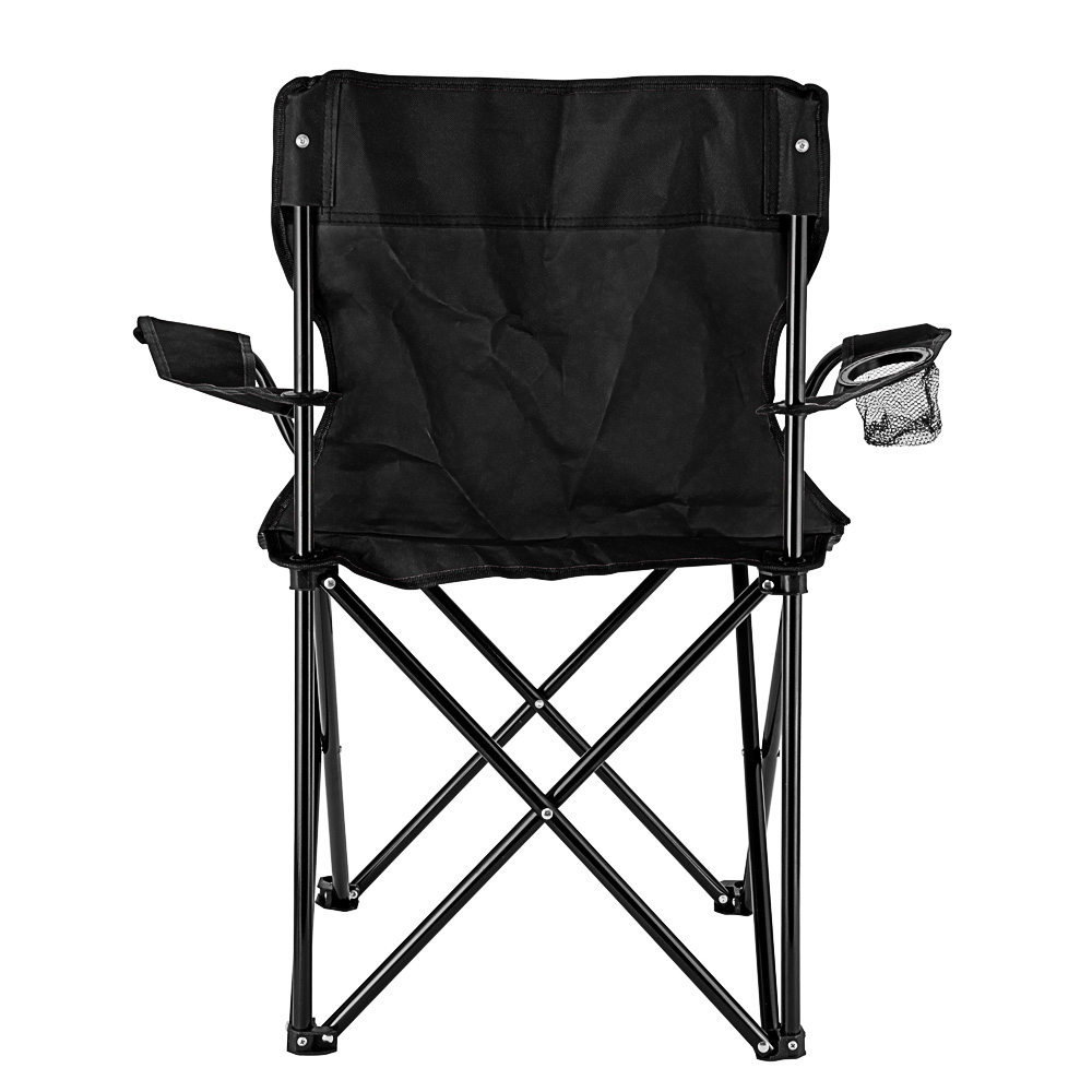 Silla plegable camping tipo director con apoyabrazos y portabotellas.