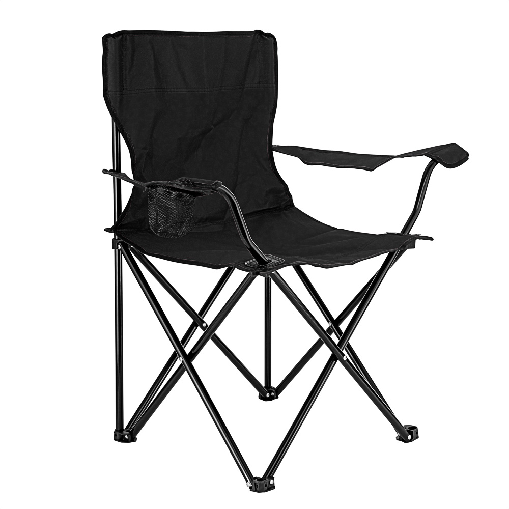 Silla plegable camping tipo director con apoyabrazos y portabotellas.