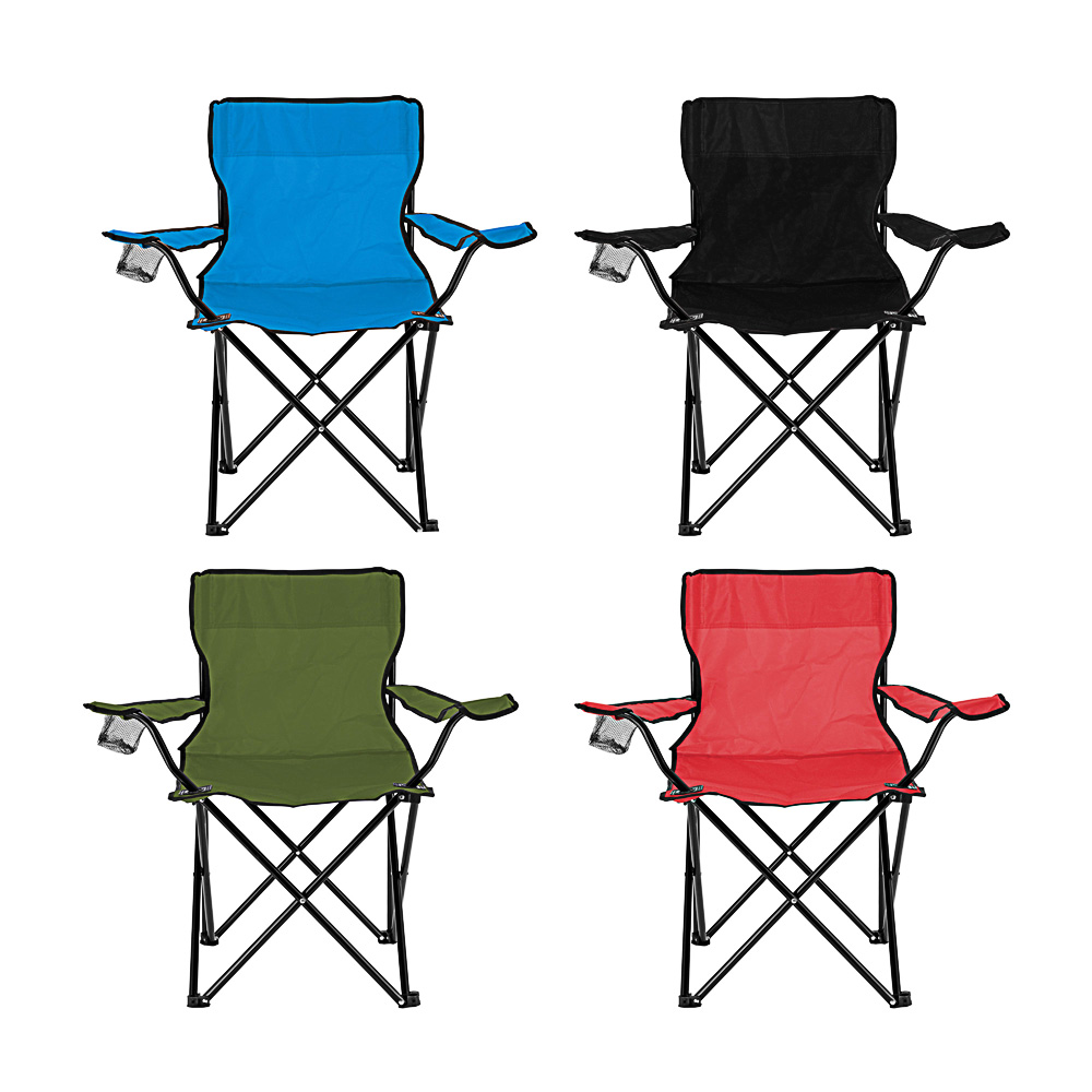 Silla plegable camping tipo director con apoyabrazos y portabotellas. Colores azul, negro, verde, rojo.