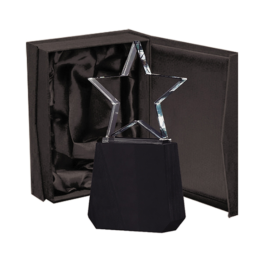 Galvano de cristal estrella con base de madera para reconocimiento corporativo