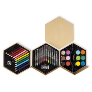 Set de arte hexagonal con lápices colores, ceras y acuarelas
