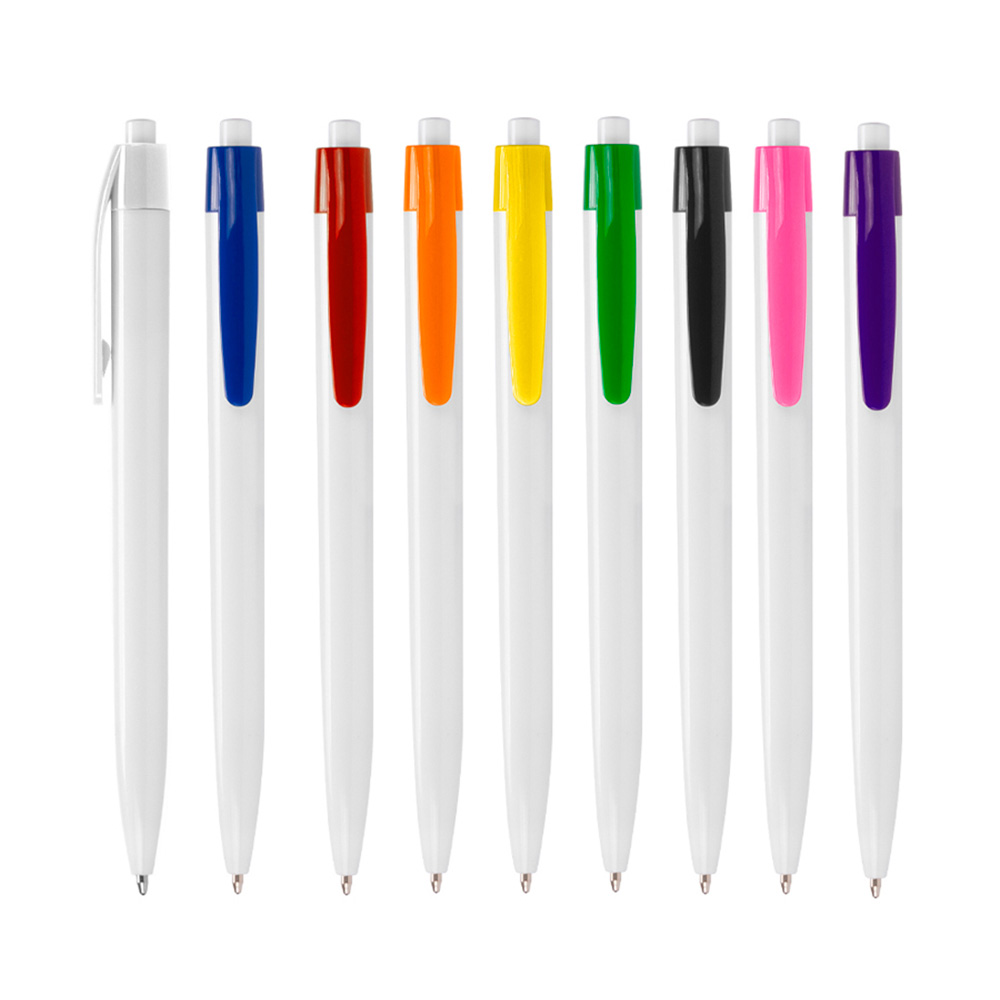 Bolígrafo Tita de plástico con cuerpo blanco, clip de color y tinta azul para regalos corporativos.