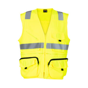 Chaleco Geólogo Vial Tricot con cintas reflectivas y múltiples bolsillos disponible en amarillo y naranja.