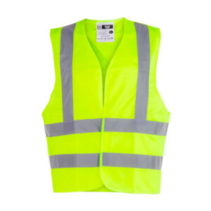 Chaleco Reflectivo Hombre Clase 3 color amarillo con cinta reflectiva de 5 cm y cierre de velcro para seguridad laboral.