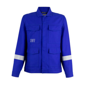 Chaqueta Ignífuga Antiestática Hombre 100% algodón color azulino para trabajos industriales de alto riesgo.