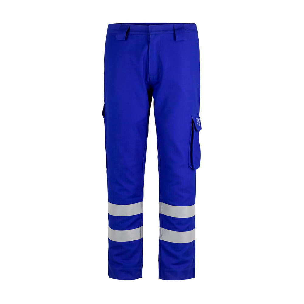 Pantalón Ignífugo Antiestático Hombre 100% algodón color azulino con cinta reflectiva para trabajos industriales.