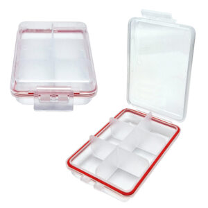 Pastillero organizador transparente de plástico con 6 divisiones para medicamentos y vitaminas.