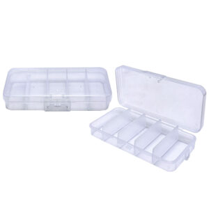 Pastillero organizador vertical transparente con 5 divisiones para almacenar medicamentos y vitaminas.