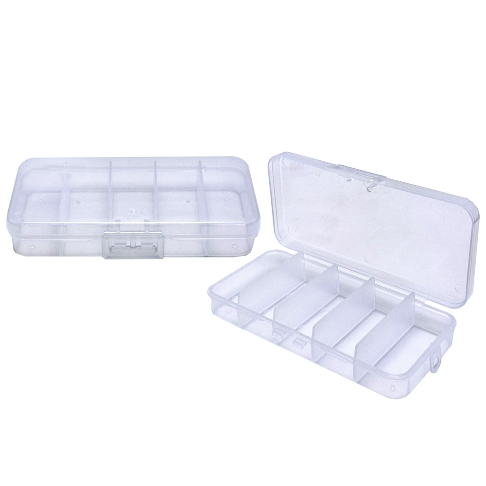 Pastillero organizador vertical transparente con 5 divisiones para almacenar medicamentos y vitaminas.