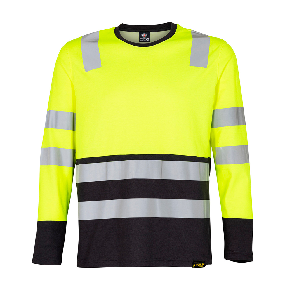 Polera Híbrida Hi-Vis Bicolor Manga Larga Hombre con cinta reflectante, disponible en amarillo o naranjo con gris oscuro.