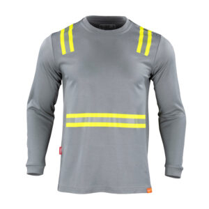 Polera Híbrida Dual Manga Larga Hombre disponible en gris, rojo y azul para uniformes corporativos.