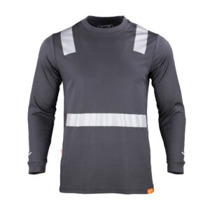 Polera Híbrida con Cinta Reflectiva Manga Larga Hombre disponible en gris oscuro, negro, rojo y azul para uniformes corporativos.