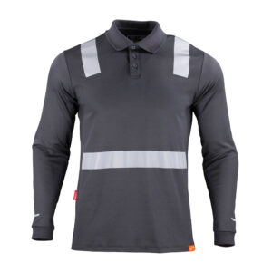 Polera Polo Reflectiva Hombre de manga larga con cintas reflectivas disponible en gris oscuro, negro, rojo y azul.
