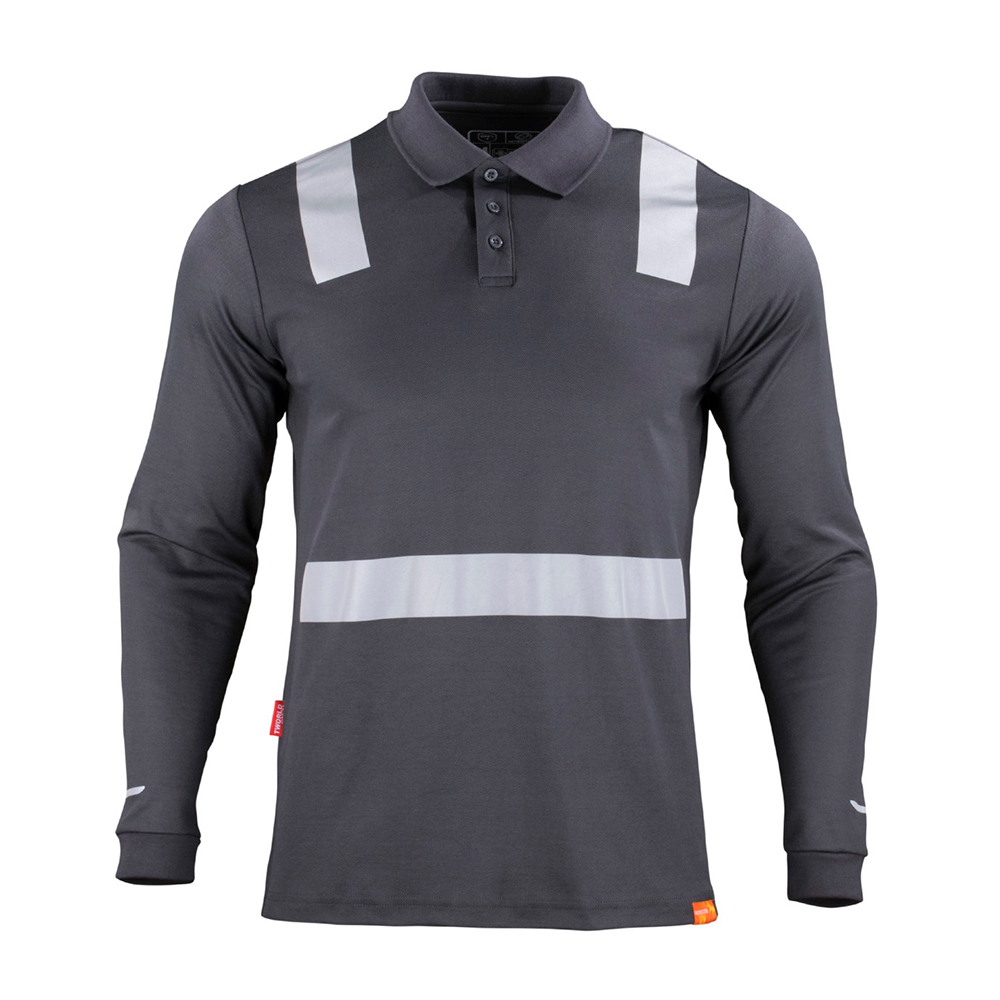 Polera Polo Reflectiva Hombre de manga larga con cintas reflectivas disponible en gris oscuro, negro, rojo y azul.