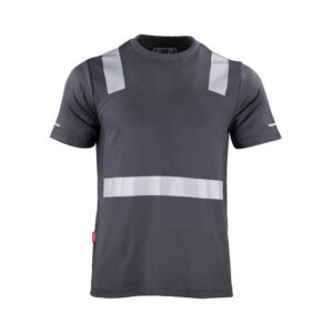Polera Híbrida con Cinta Reflectiva Manga Corta Hombre disponible en gris oscuro, negro y rojo para uniformes corporativos.