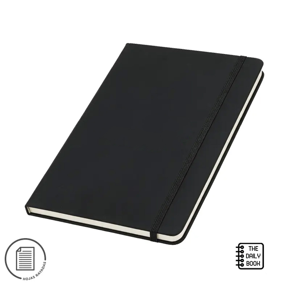 Cuaderno Borges B5 de tapa dura en PU con 96 hojas rayadas, cierre elástico y cinta marcadora para regalos corporativos.