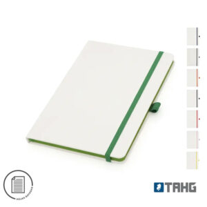 Cuaderno Delta A5 de tapa PU con 64 hojas rayadas, portabolígrafo lateral, cierre elástico y cinta marcadora.