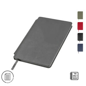 Cuaderno Demio A5 de tapa dura en PU con portabolígrafo, 112 hojas rayadas, cinta marcadora y cantos de color.