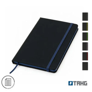 Cuaderno Sigma A5 de tapa dura en PU con 64 hojas rayadas, cierre elástico, cinta marcadora y cantos de página de color.