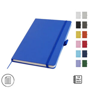 Cuaderno Stanford A5 de tapa rígida PVC con 80 hojas rayadas, cierre elástico, cinta marcadora y portabolígrafo lateral.