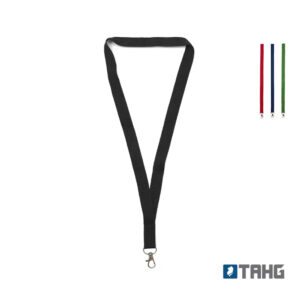 Lanyard Basix de poliéster con mosquetón metálico giratorio y cierre de seguridad para portar credenciales en eventos y empresas.