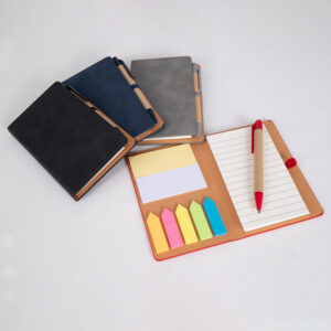 Libreta Memo Aurora EcoCuero con bolígrafo ecológico, notas adhesivas y banderitas de colores para regalos corporativos.