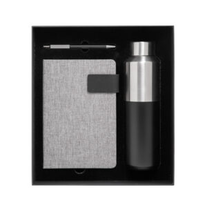 Set Ejecutivo Charm Box con bolígrafo de aluminio, libreta A5 y botella térmica de 600 ml en caja de regalo negra.