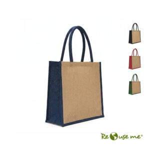 Tote Aruba de yute laminado reciclado con asas de cuerda de algodón, paneles laterales y base reforzada.