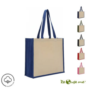 Tote San Bl de algodón 100% con asas de color, fuelle lateral y base reforzada para compras y uso diario.