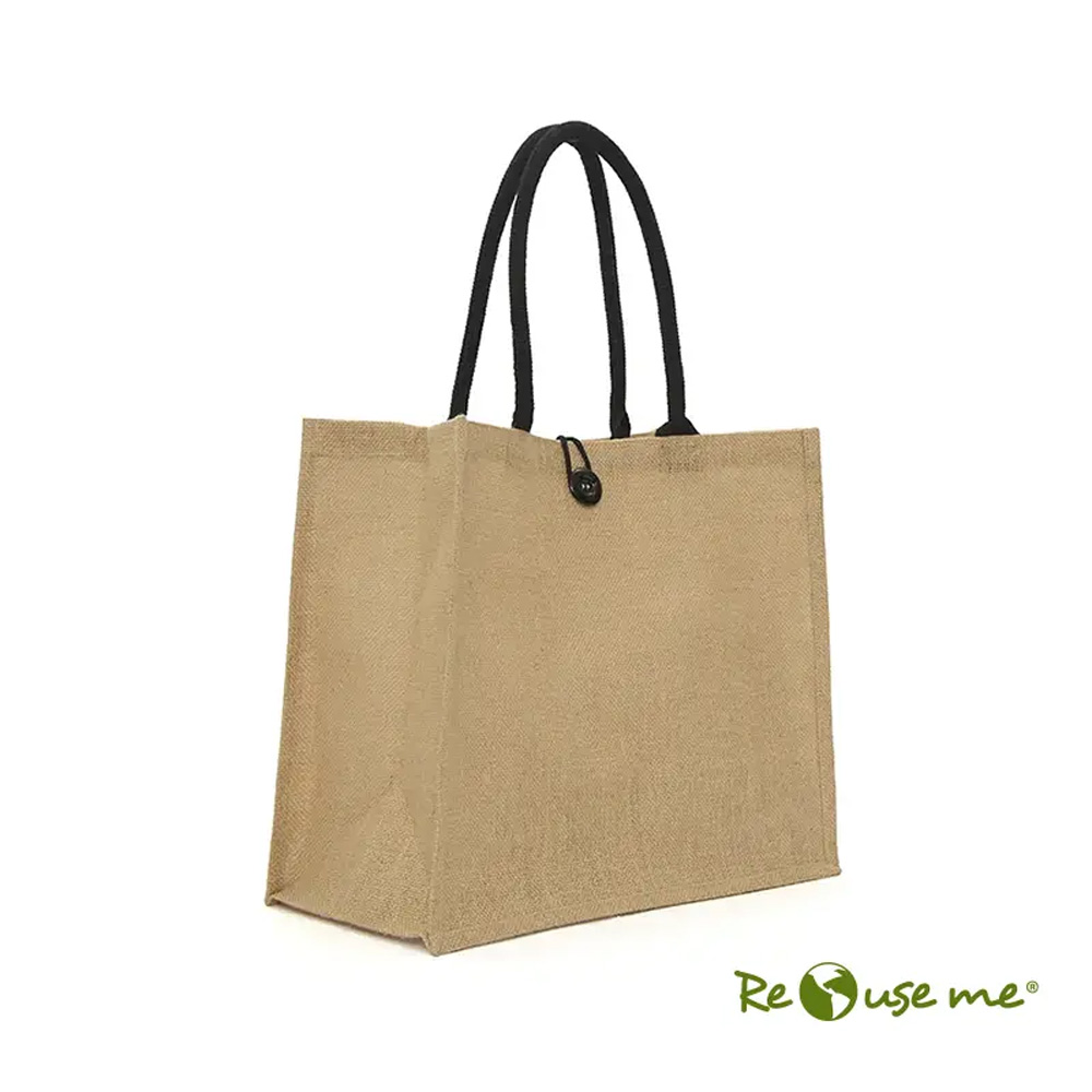 Tote Soho de yute reciclado con cierre de botón, asas resistentes y gran capacidad para compras y uso corporativo.