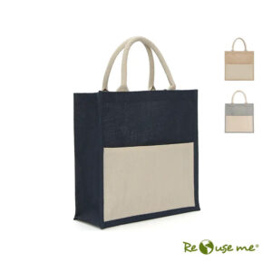 Tote Trinidad de yute reciclado con bolsillo frontal de algodón reciclado para compras y regalos corporativos sostenibles.