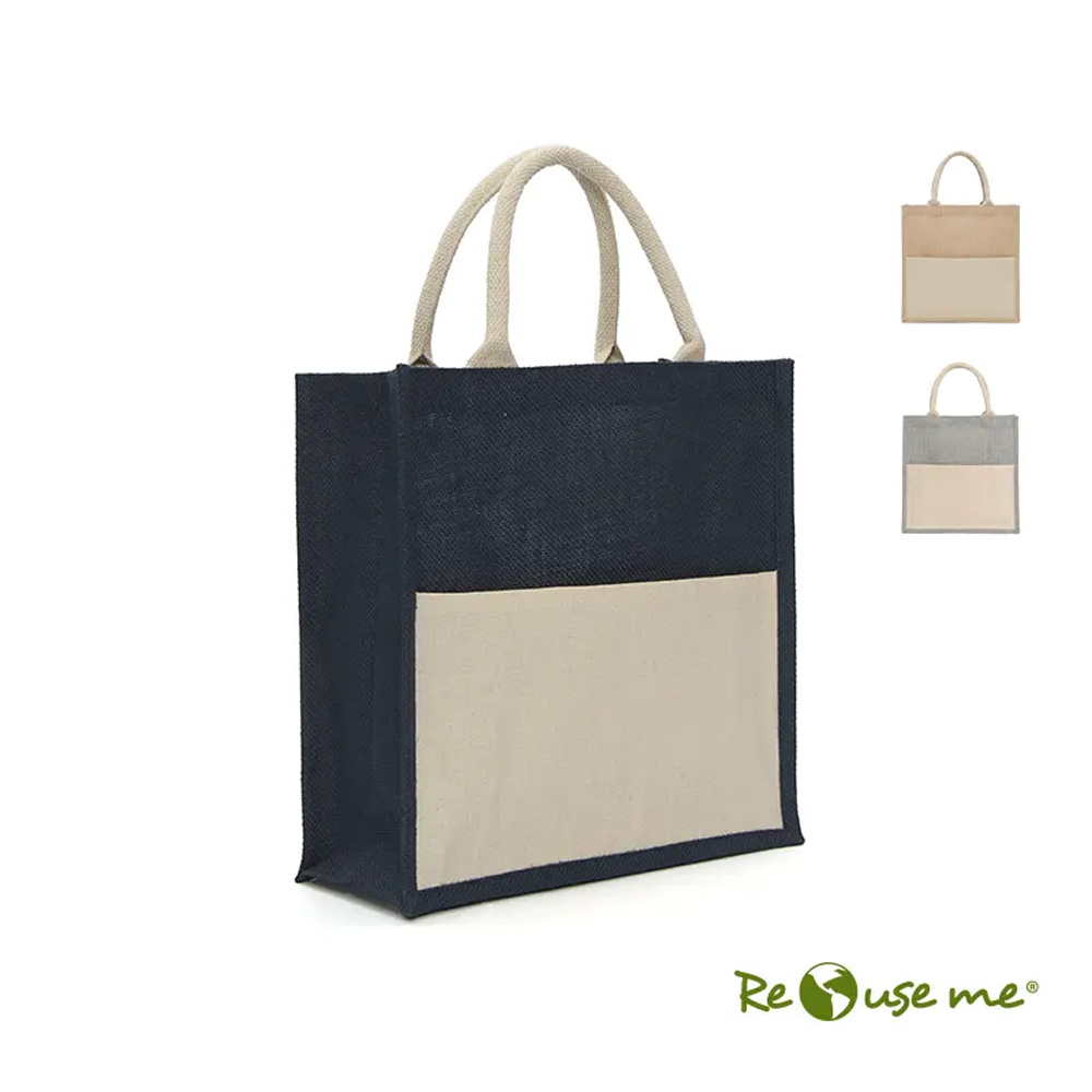 Tote Trinidad de yute reciclado con bolsillo frontal de algodón reciclado para compras y regalos corporativos sostenibles.