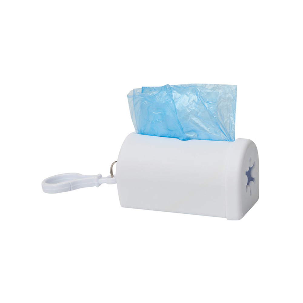 Dispensador Dogo de bolsas sanitarias para mascotas con gancho, tapa a presión y rollo de 12 bolsas celestes.