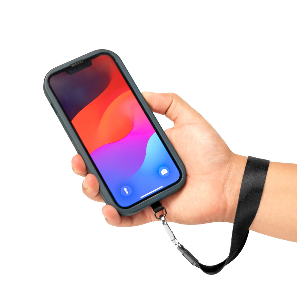 Lanyard porta celular Andrómeda negro con mosquetón metálico