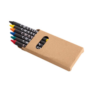Set Crayones Yoni con 6 mini lápices de cera de colores en caja kraft con ventana para actividades creativas.